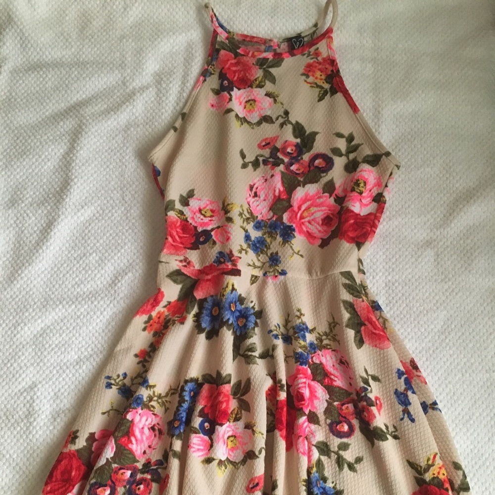 Skater style dress: beige w/vibrant floral print.